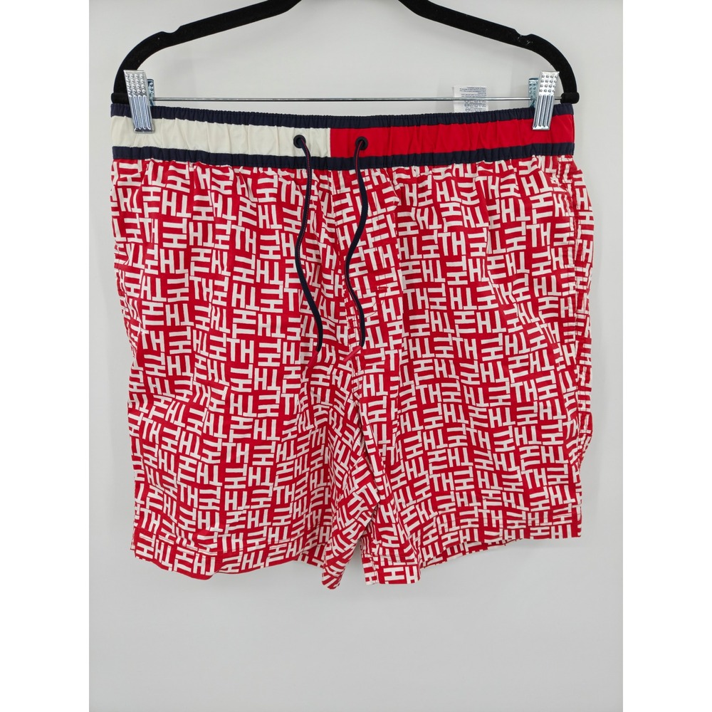 Tommy Hilfiger Mens Red Monogram Logo Swim Trunks Size Large TH Print Shorts